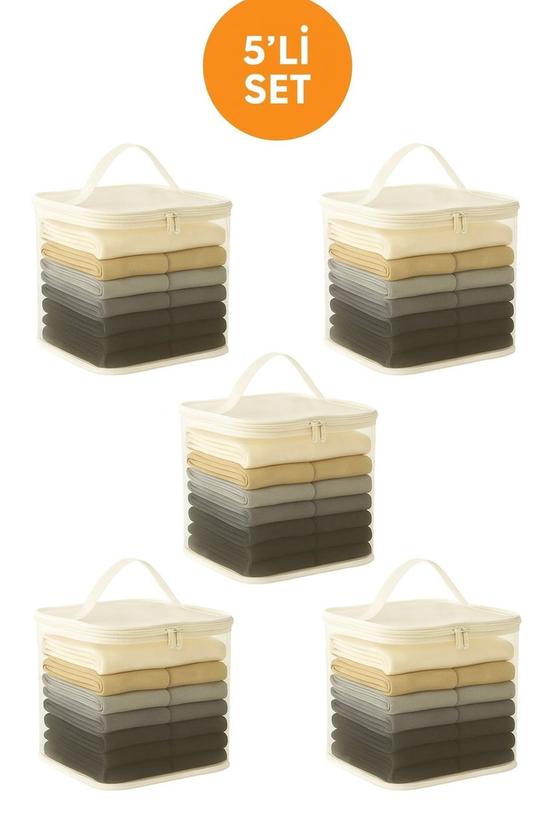 5'li Set Mor Şeffaf Kapaklı Hurç – 28x32x15 cm Orta Boy Dolap İçi Kıyafet ve Havlu Düzenleyici