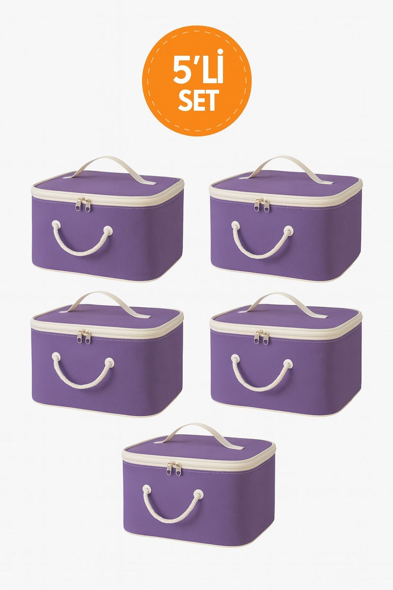 5'li Set Mor Şeffaf Kapaklı Hurç – 28x32x15 cm Orta Boy Dolap İçi Kıyafet ve Havlu Düzenleyici