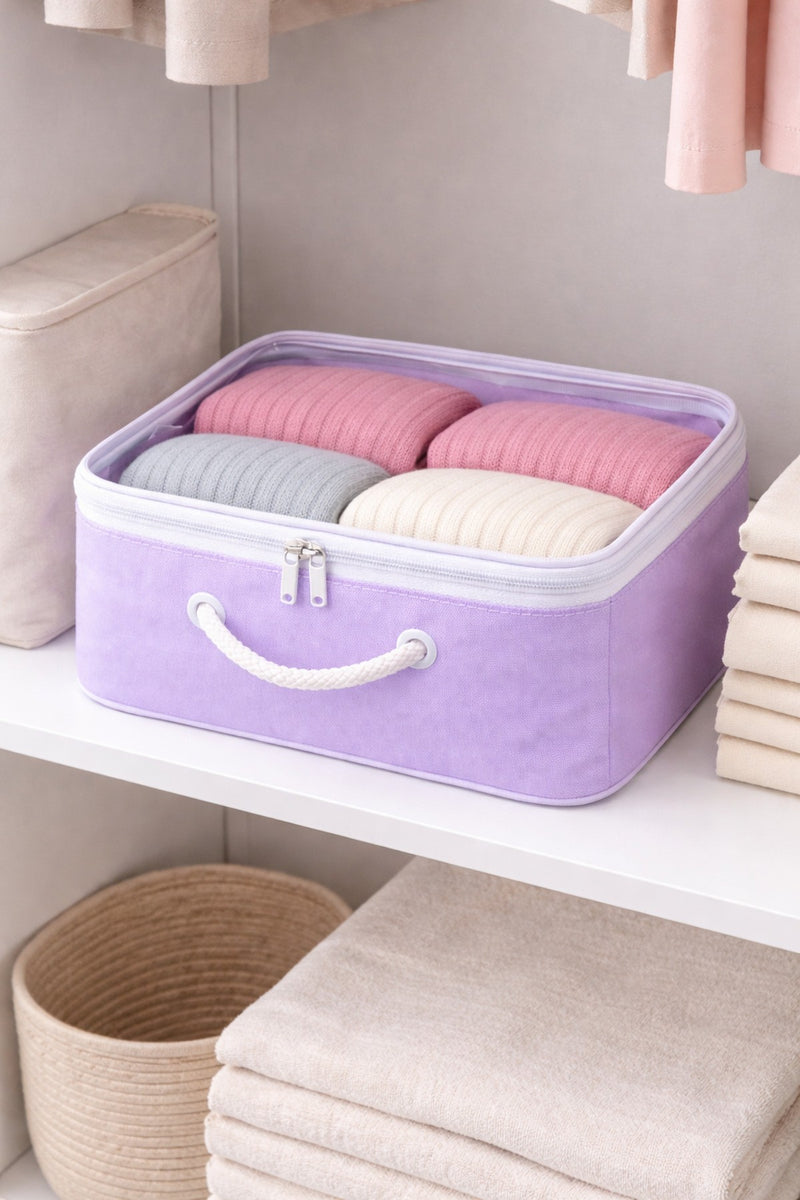 Mor Şeffaf Kapaklı Hurç – 28x32x15 cm Orta Boy Dolap İçi Kıyafet ve Havlu Düzenleyici