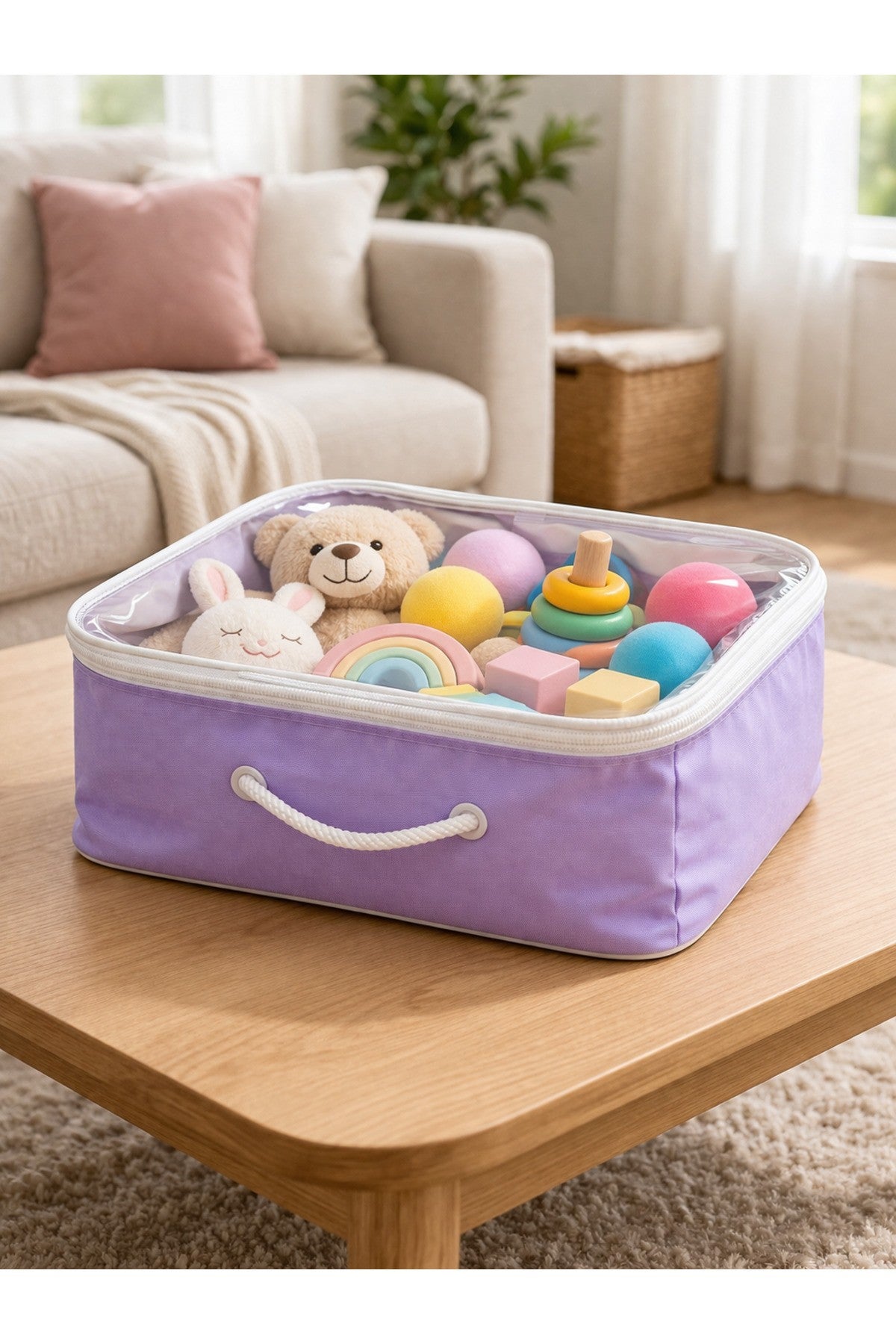 Mor Şeffaf Kapaklı Hurç – 28x32x15 cm Orta Boy Dolap İçi Kıyafet ve Havlu Düzenleyici