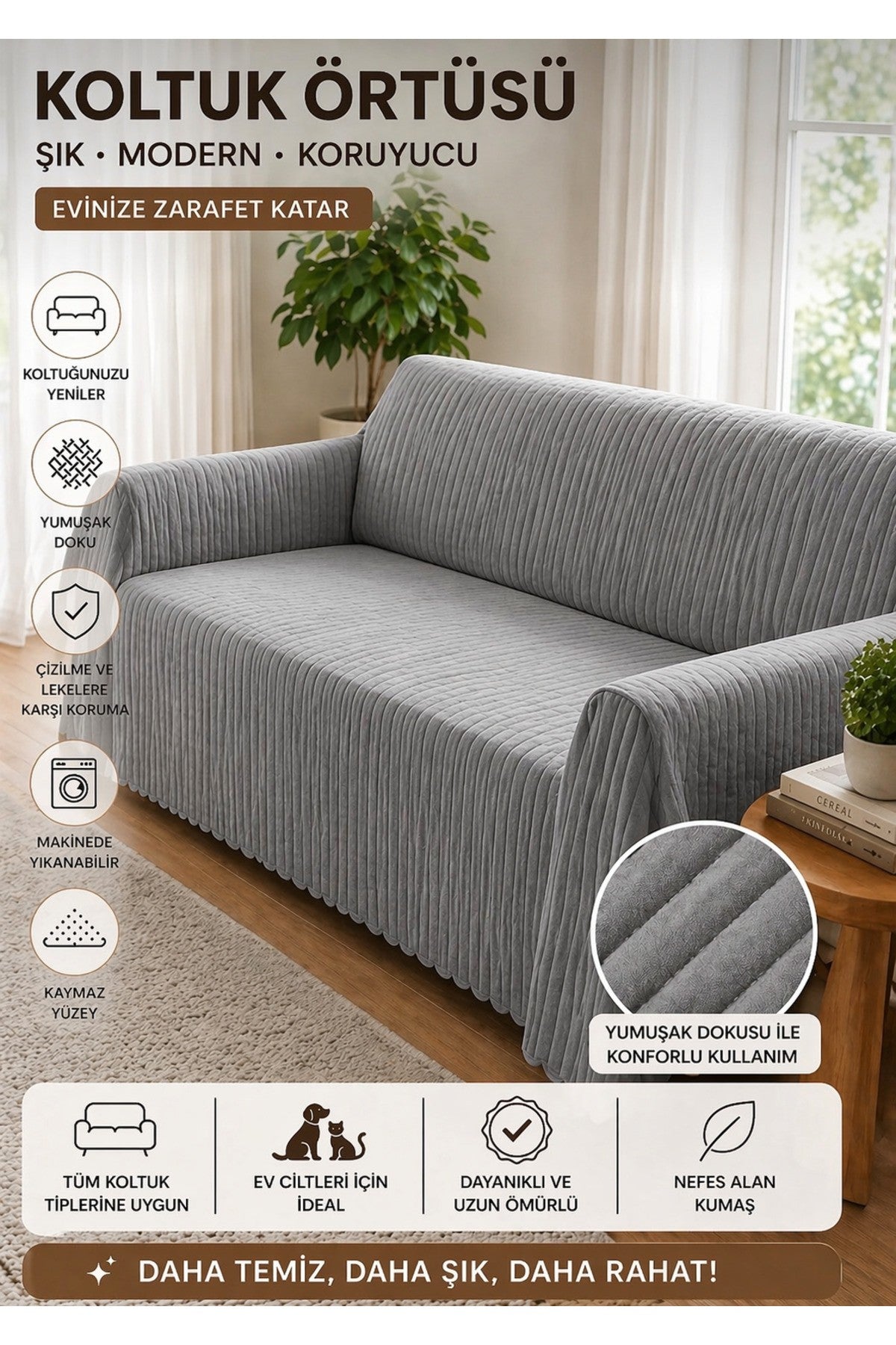 Premium Çizgili Kırık Beyaz Koltuk Örtüsü – Kaymaz, Şık ve Modern Tasarım