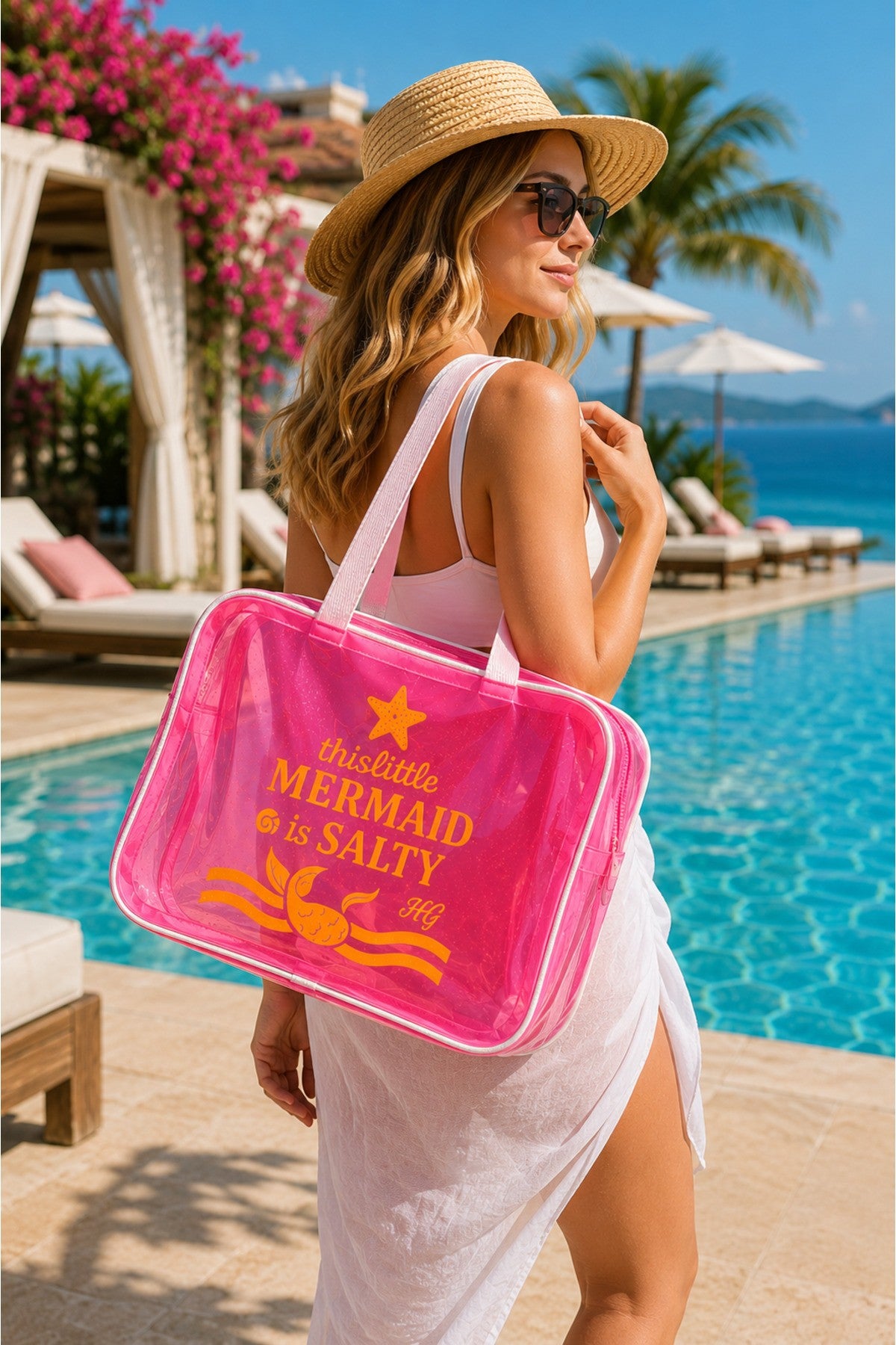 Pembe Büyük Boy Şeffaf Plaj Çantası | Mermaid Baskılı, Su Geçirmez, Tatil Çantası