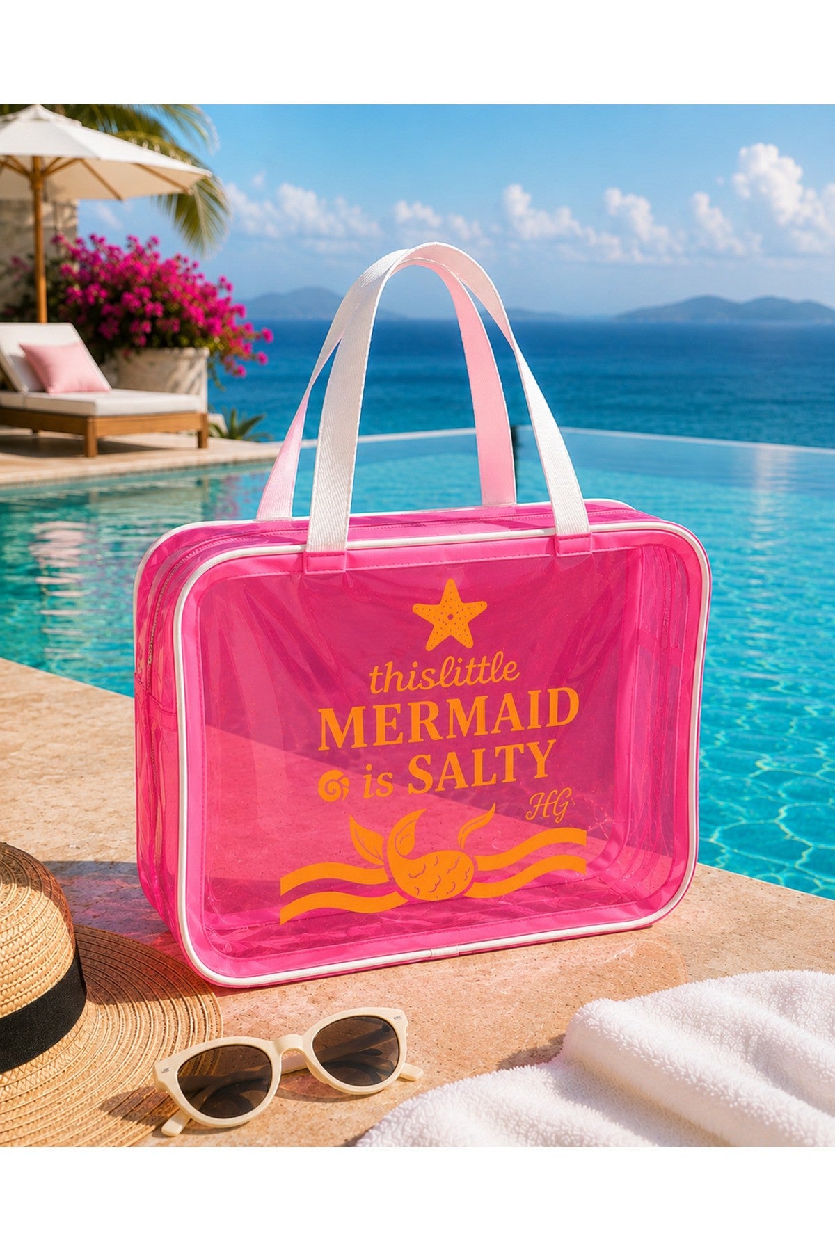 Pembe Büyük Boy Şeffaf Plaj Çantası | Mermaid Baskılı, Su Geçirmez, Tatil Çantası