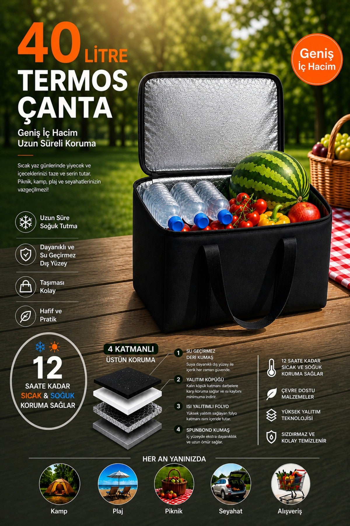 Bordo 40 Litre Termos Çanta | Yalıtımlı Plaj, Piknik, Kamp ve Günlük Kullanıma Uygun Termal Çanta