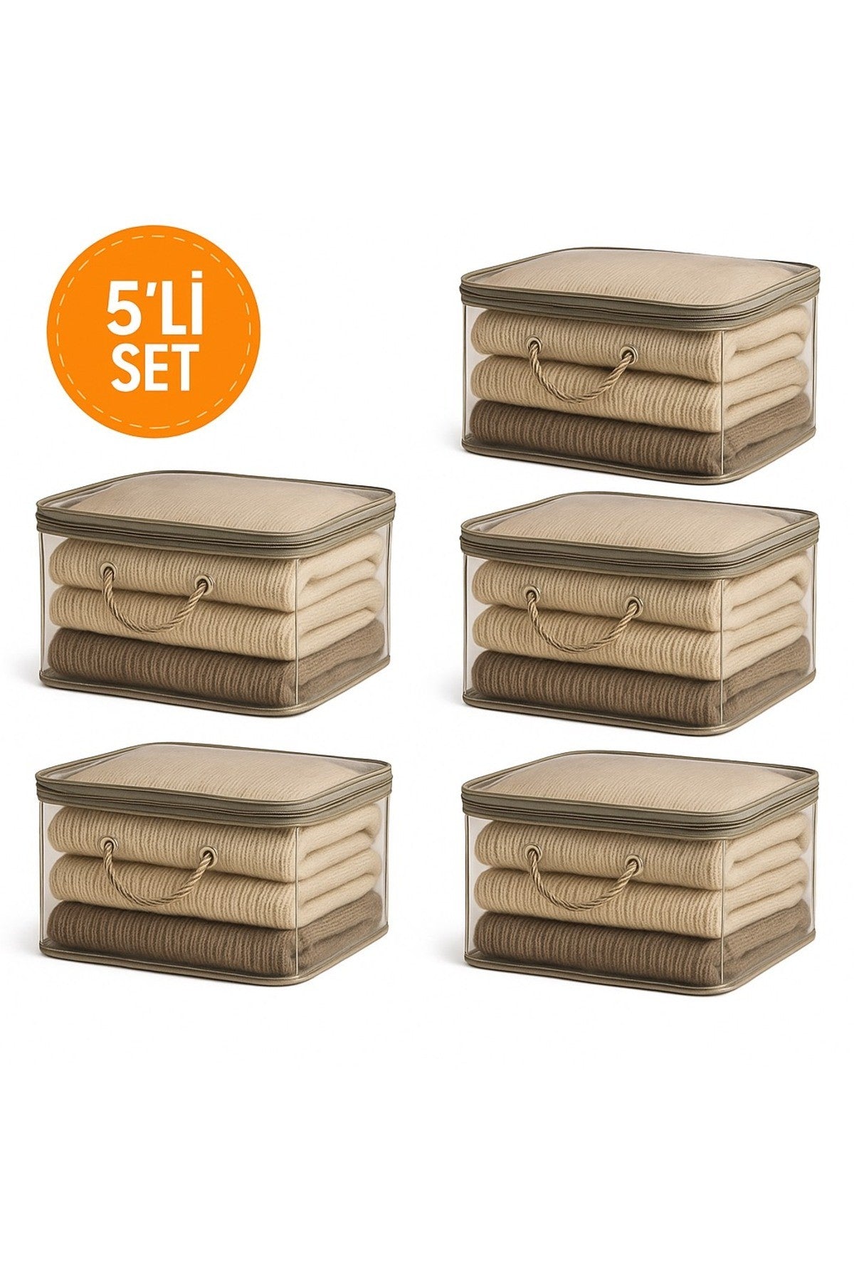 5'li Set Mor Şeffaf Kapaklı Hurç – 28x32x15 cm Orta Boy Dolap İçi Kıyafet ve Havlu Düzenleyici