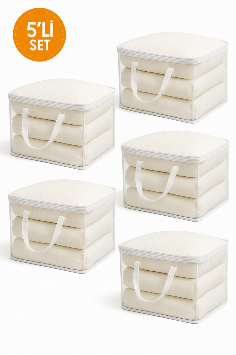 5'li Set Mor Şeffaf Kapaklı Hurç – 28x32x15 cm Orta Boy Dolap İçi Kıyafet ve Havlu Düzenleyici
