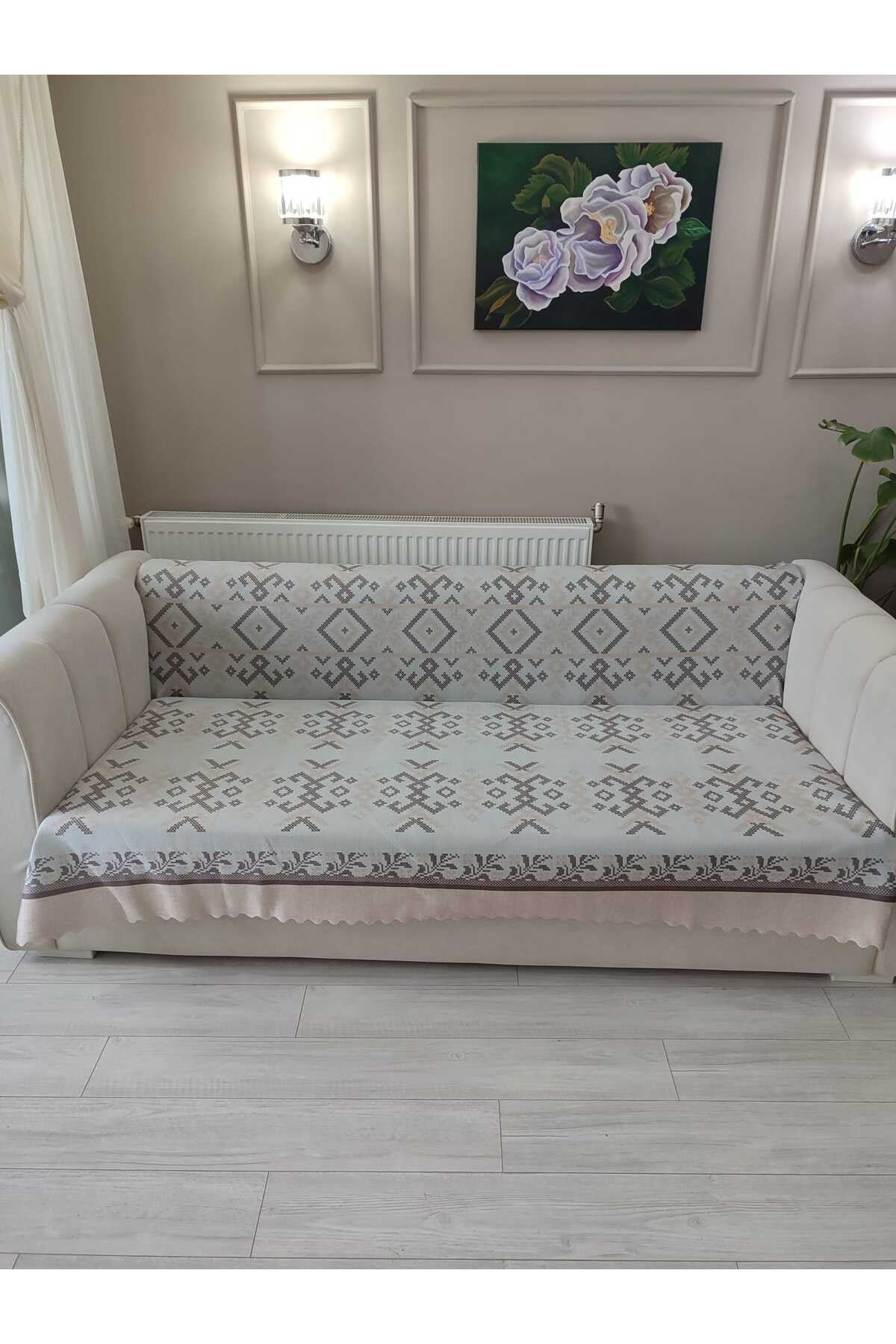 Krem KİLİM Kadife Baskılı Kaymaz Koltuk Ve Çekyat Örtüsü 170*210 Cm