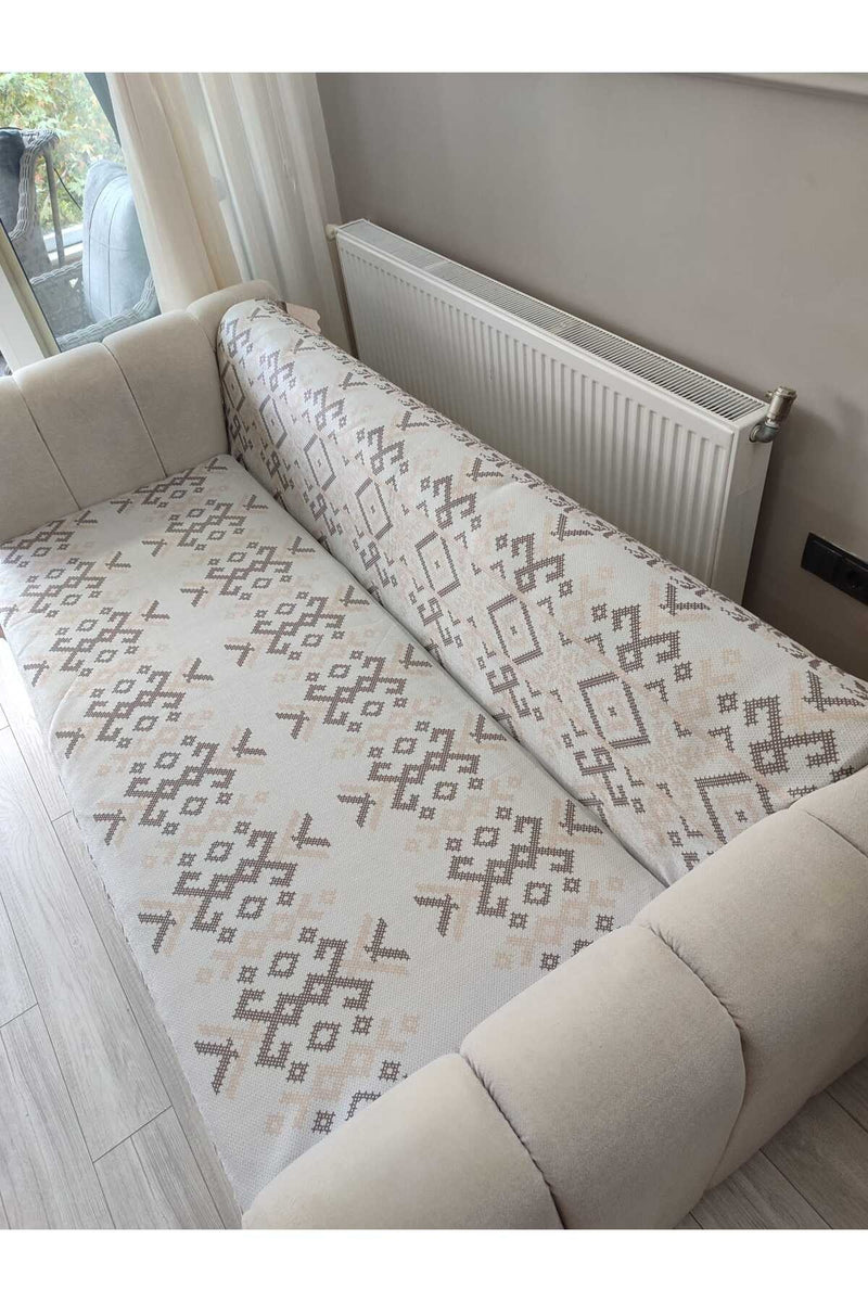 Krem KİLİM Kadife Baskılı Kaymaz Koltuk Ve Çekyat Örtüsü 170*210 Cm