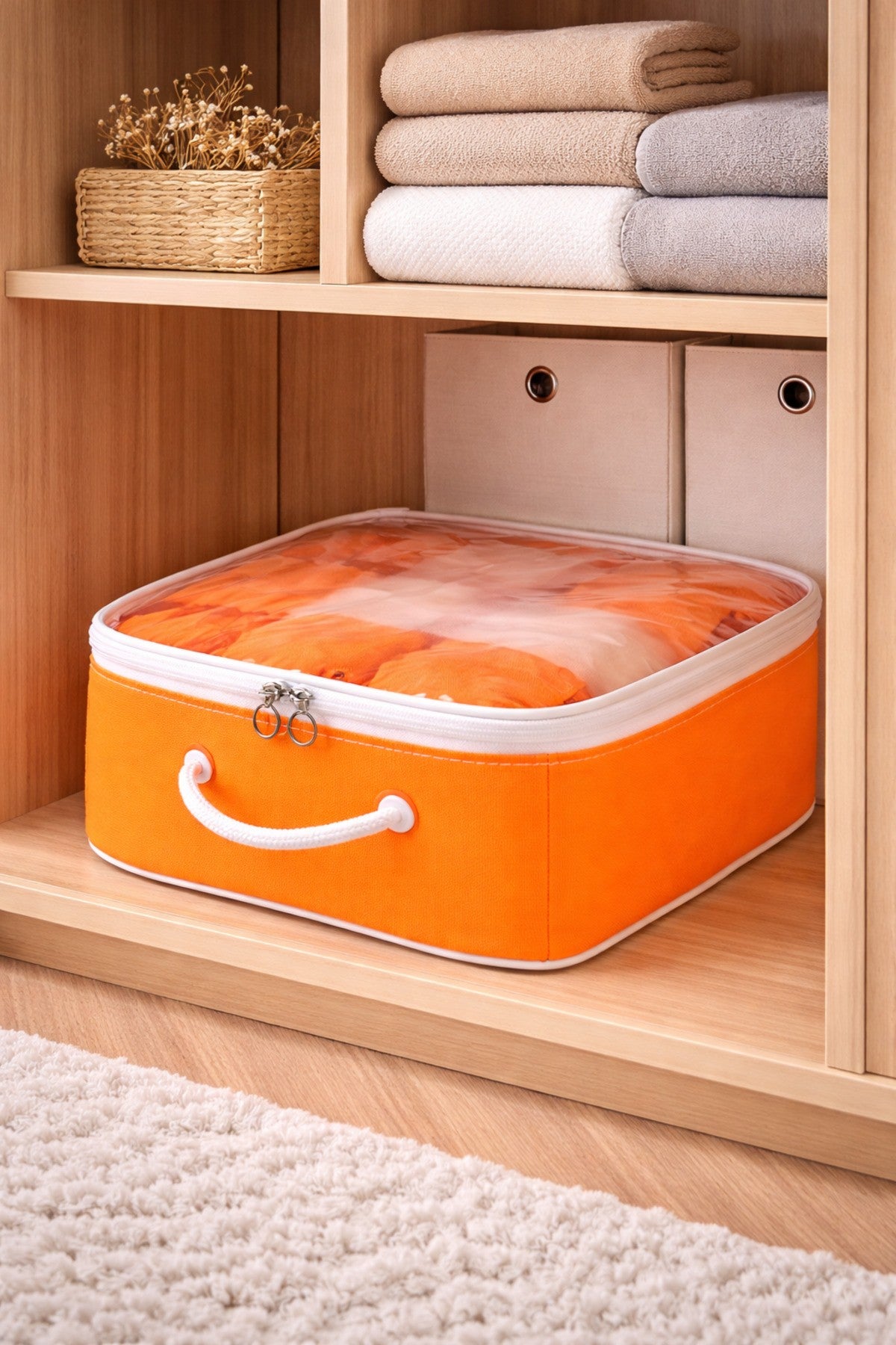 Şeffaf Kapaklı Saklama Hurcu 28x32x15 – Kıyafet, Çorap ve Dolap Düzenleyici Organizer