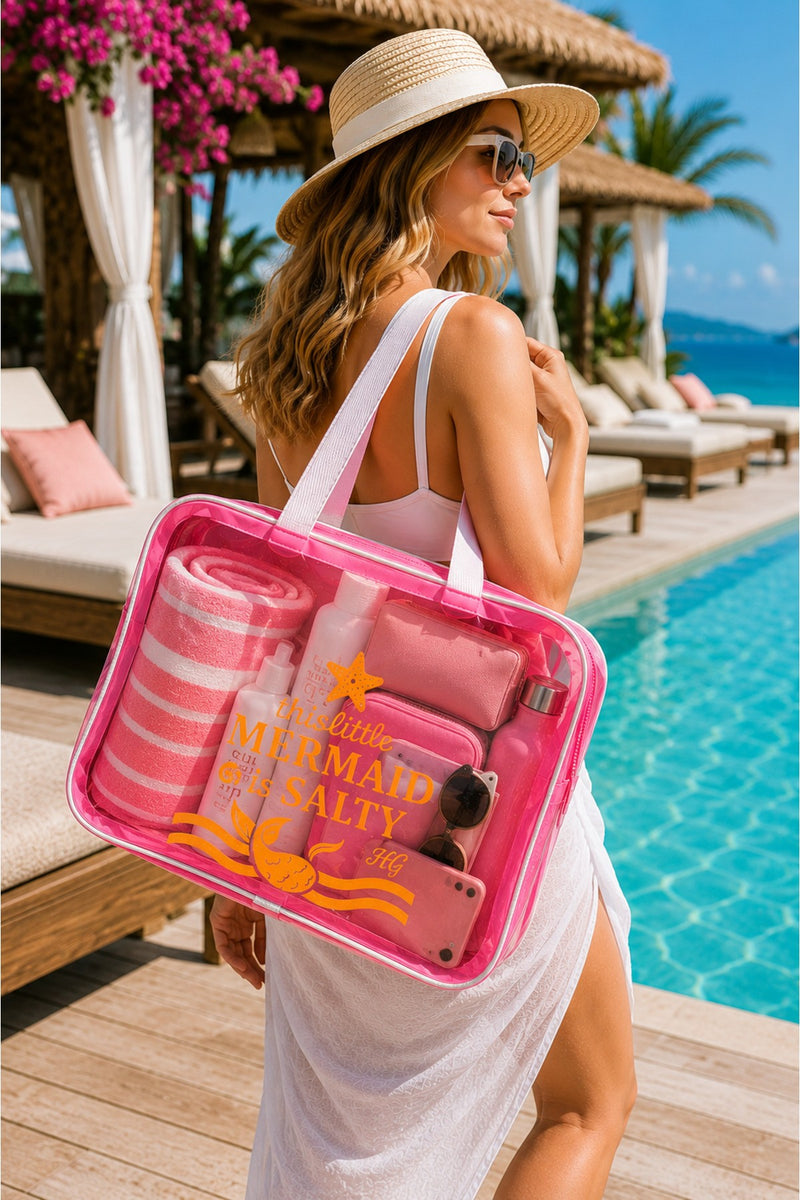Pembe Büyük Boy Şeffaf Plaj Çantası | Mermaid Baskılı, Su Geçirmez, Tatil Çantası