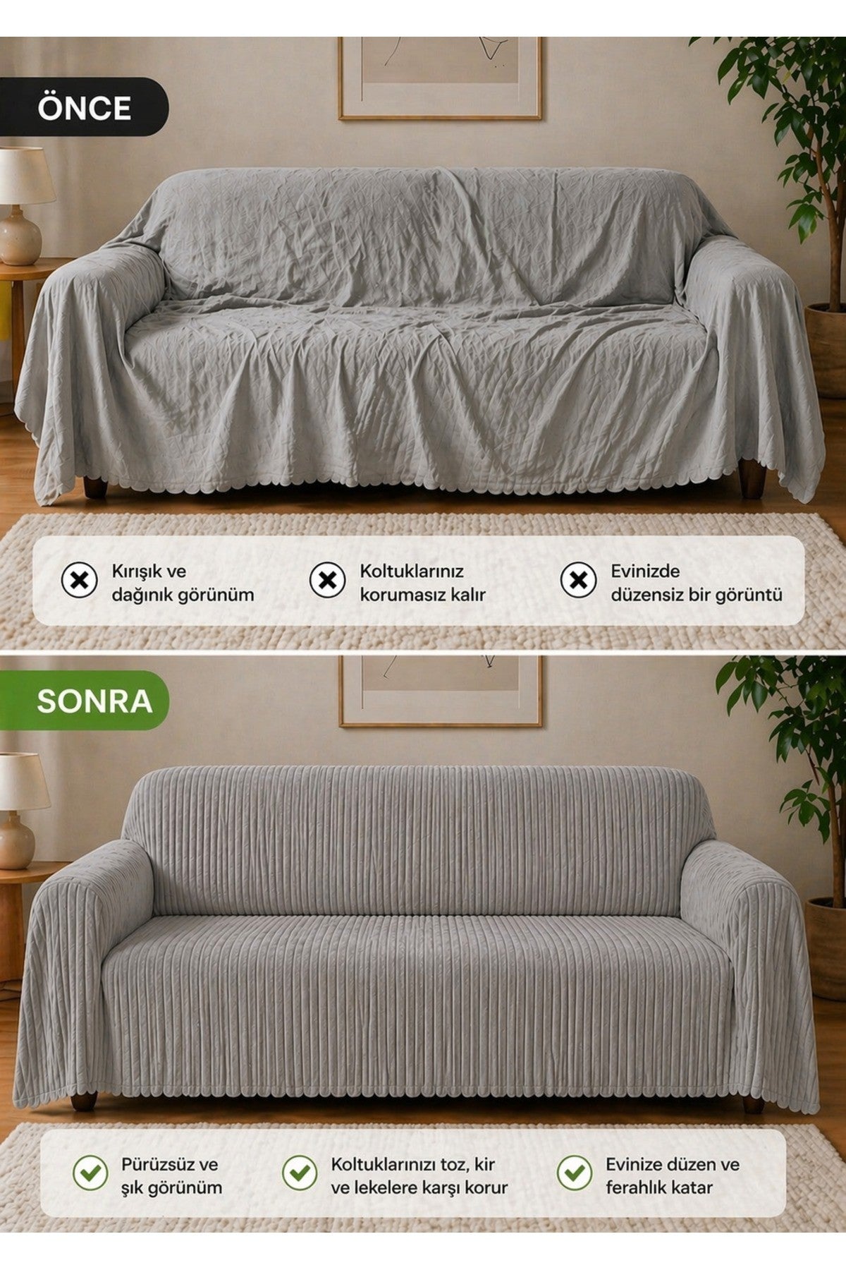 Premium Çizgili Kırık Beyaz Koltuk Örtüsü – Kaymaz, Şık ve Modern Tasarım
