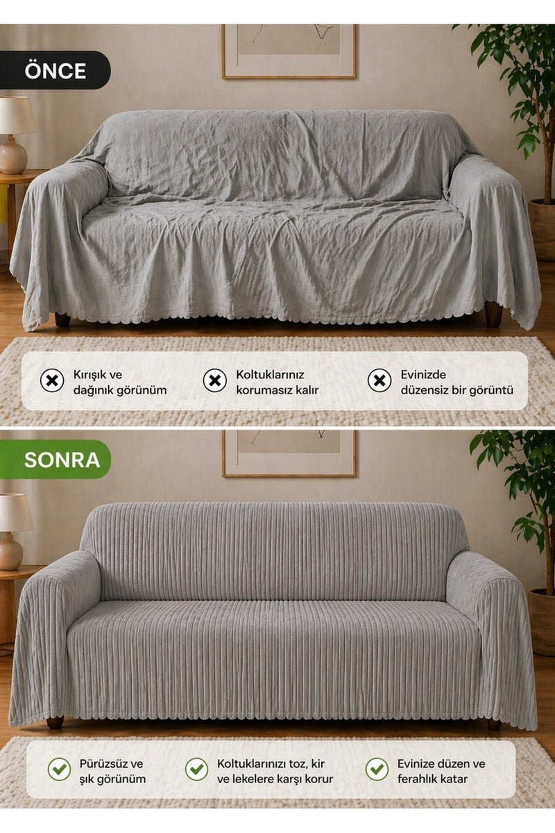 Premium Çizgili Kırık Beyaz Koltuk Örtüsü – Kaymaz, Şık ve Modern Tasarım
