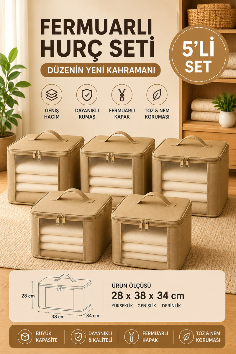 5'li Set Mor Şeffaf Kapaklı Hurç – 28x32x15 cm Orta Boy Dolap İçi Kıyafet ve Havlu Düzenleyici