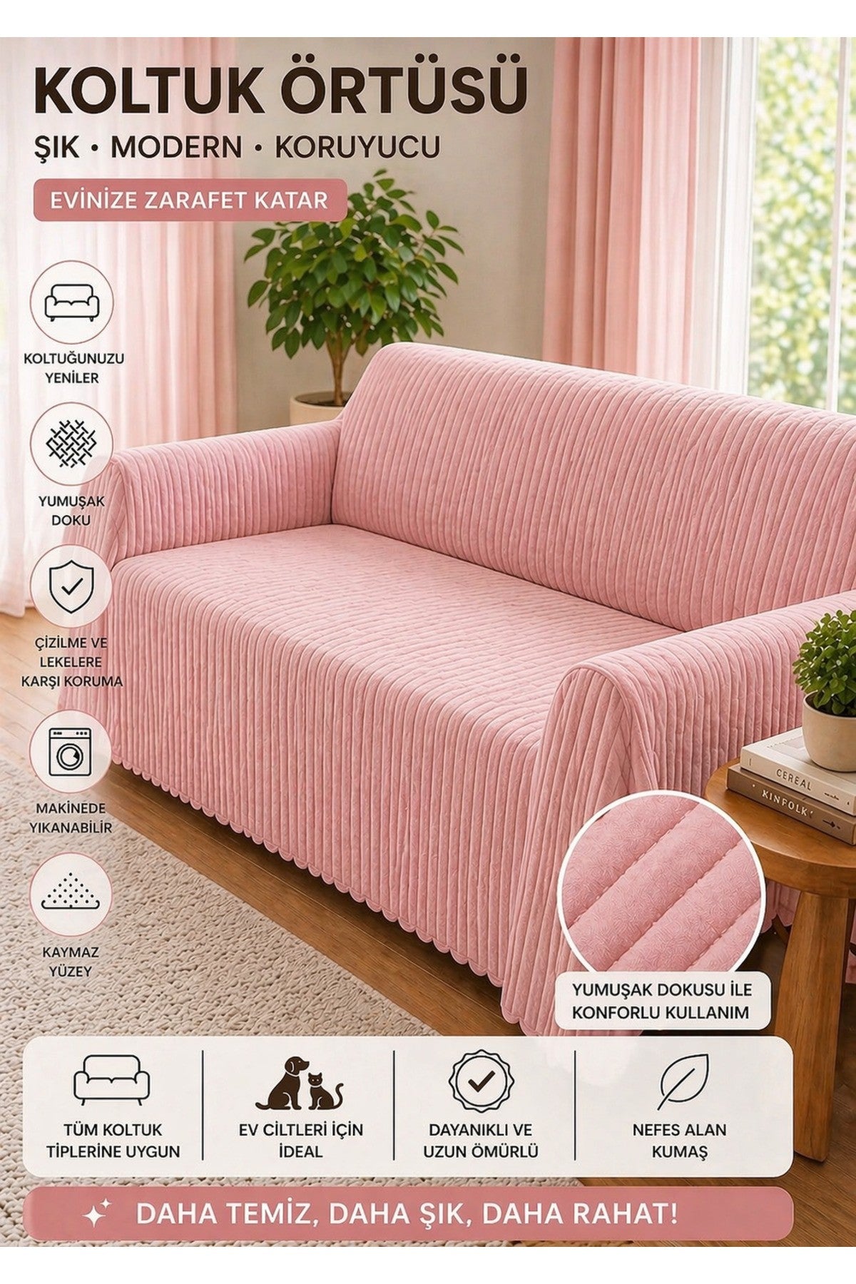 Premium Çizgili Kırık Beyaz Koltuk Örtüsü – Kaymaz, Şık ve Modern Tasarım