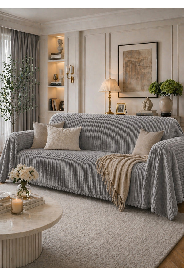 Premium Çizgili Kırık Beyaz Koltuk Örtüsü – Kaymaz, Şık ve Modern Tasarım