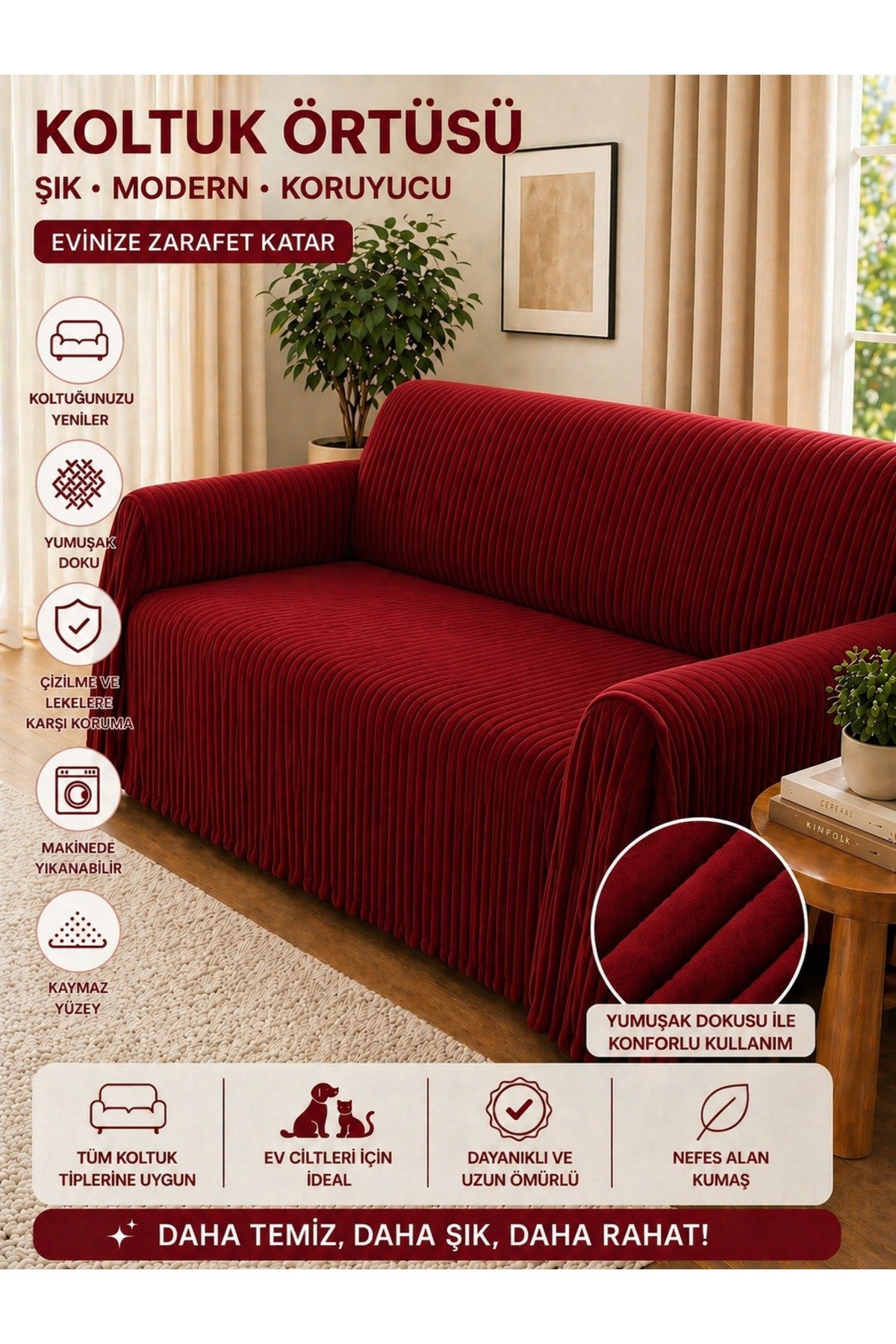 Premium Çizgili Kırık Beyaz Koltuk Örtüsü – Kaymaz, Şık ve Modern Tasarım