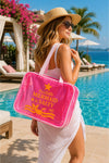 Pembe Büyük Boy Şeffaf Plaj Çantası | Mermaid Baskılı, Su Geçirmez, Tatil Çantası