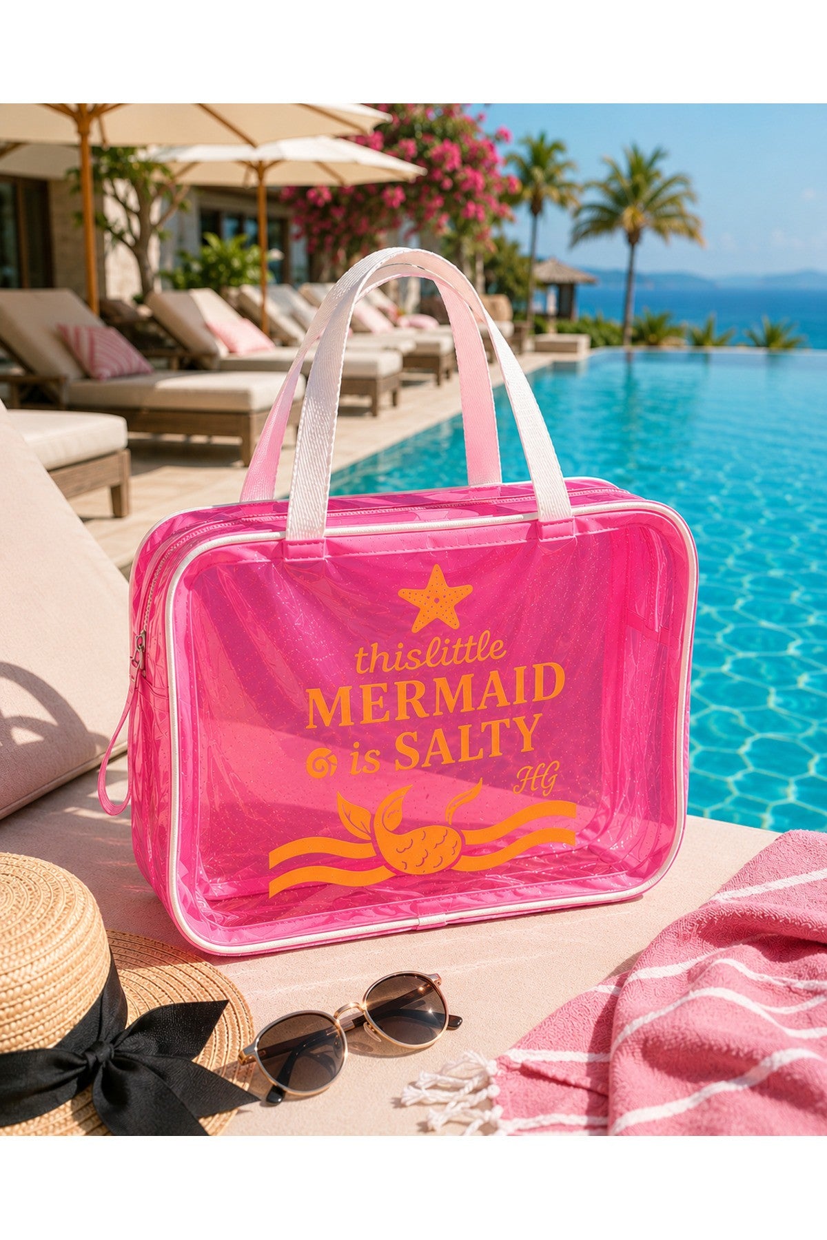 Pembe Büyük Boy Şeffaf Plaj Çantası | Mermaid Baskılı, Su Geçirmez, Tatil Çantası